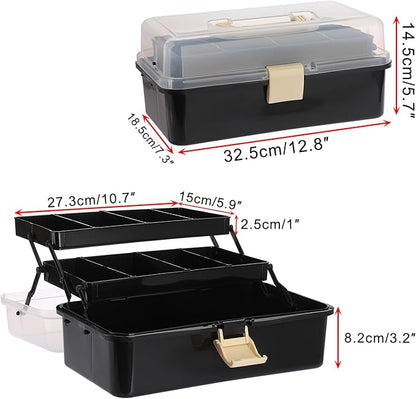 BTSKY 3-Layer Plastic Dividing Storage Box Craft Organizer with Adjustable Spacers Portable Handled Art Supply Organizer Multipurpose Home Utility Box for Sewing (Black+Beige)