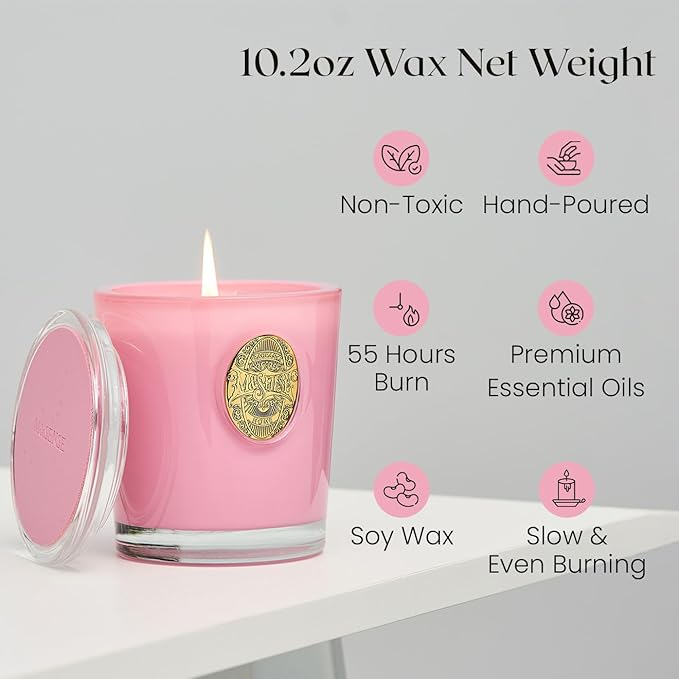 M&SENSE Natural Soy Candle| Peony Blush Pink | 10.2 oz, 55H Burn | Luxury Scented Candle for Relaxation, Gifting, Home Décor | for Bedroom, Office, Party