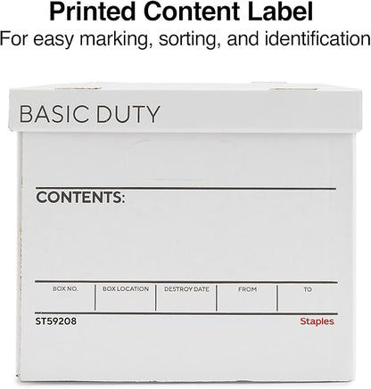 STAPLES Corrugated File Box Lift Off Lid, Letter/Legal Size, White/Black, 10/Pack