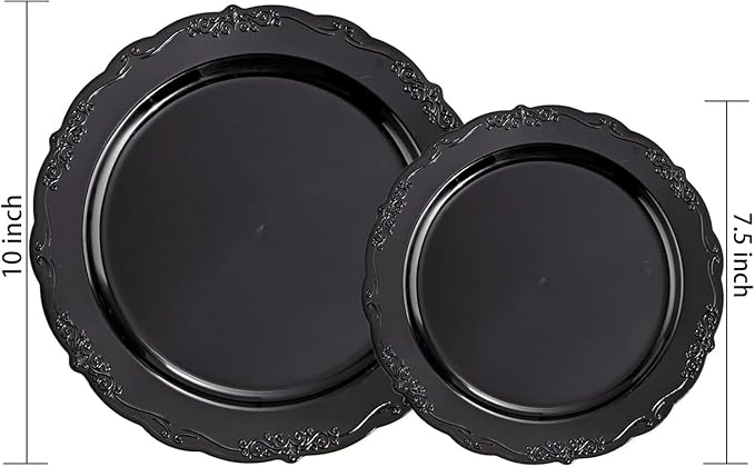 U-QE 100PCS Black Plastic Plates, Heavy Duty Black Disposable Plates Including 50PCS 10'' Dinner Plates & 50PCS 7.5'' Dessert Plate - Hard Plastic Plate for Party Wedding Bridal Shower