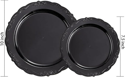 U-QE 100PCS Black Plastic Plates, Heavy Duty Black Disposable Plates Including 50PCS 10'' Dinner Plates & 50PCS 7.5'' Dessert Plate - Hard Plastic Plate for Party Wedding Bridal Shower