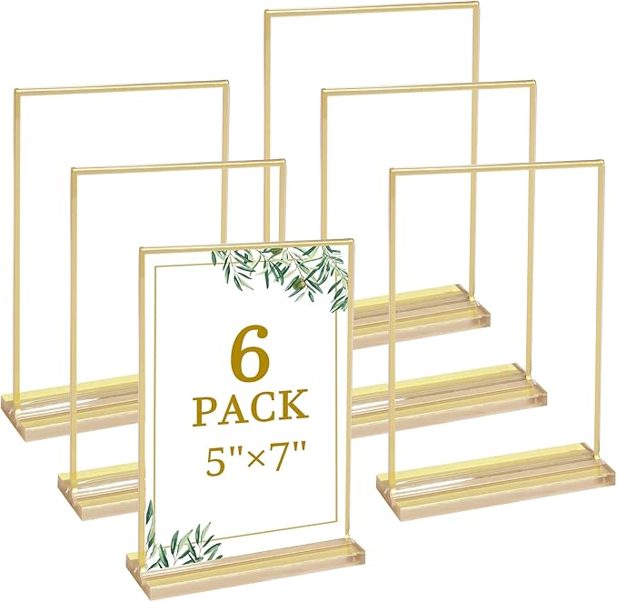 Floroom 6 Pack 5x7 Inch Clear Acrylic Sign Holders, Double-Sided Gold Display Stand Picture Frames for Table Numbers, Menus, Flyers, Weddings, and Offices