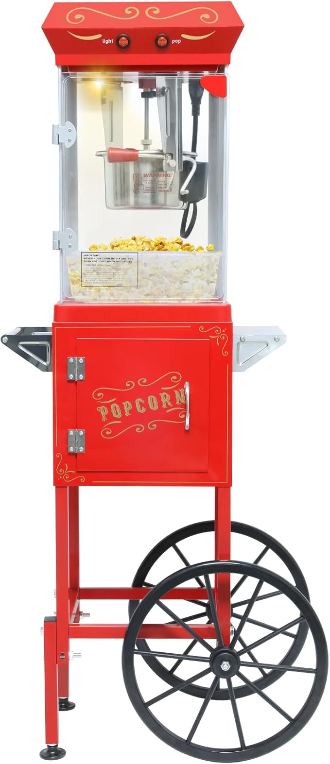 Vintage Theater Popcorn Machine with Cart - 8 Oz Commercial Kettle Makes 32 Cups, with Wheels & Warming Light for Home Theater, Parties & Office, Red