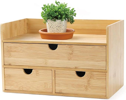 3 Drawer Bamboo Desk Organizer with Shelf – Makeup Storage & Tabletop Organizer for Home Office, Workspace, or Bathroom – No Assembly Required