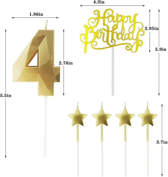 Golden Number 40 Birthday Candles and Star Birthday Candles, 2.76 inch, 3D Diamond Shaped, Suitable for Birthday Parties and Anniversary Cake Decorations