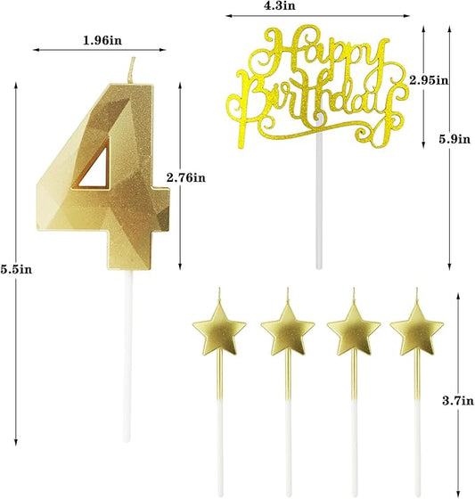 Golden Number 14 Birthday Candles and Star Birthday Candles 2.76 inch Birthday Cake Candles 3D Diamond Shaped Candles are Suitable for Birthday Parties and Anniversary Cake Decorations Candles