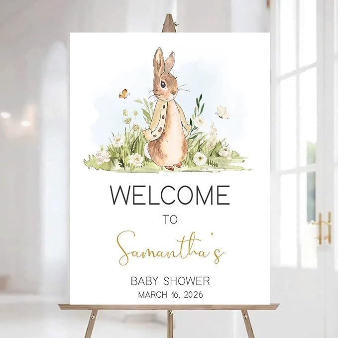Personalized Bunny Rabbit Baby Shower Welcome Sign for Girl, Pink Peter Rabbit Theme, Greenery Bunny baby shower sign, Gift for Boys & Girls, Gender Reveal Decor, Birthday Party Favors (Style 23)