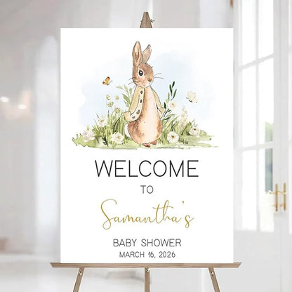Personalized Bunny Rabbit Baby Shower Welcome Sign for Girl, Pink Peter Rabbit Theme, Greenery Bunny baby shower sign, Gift for Boys & Girls, Gender Reveal Decor, Birthday Party Favors (Style 23)