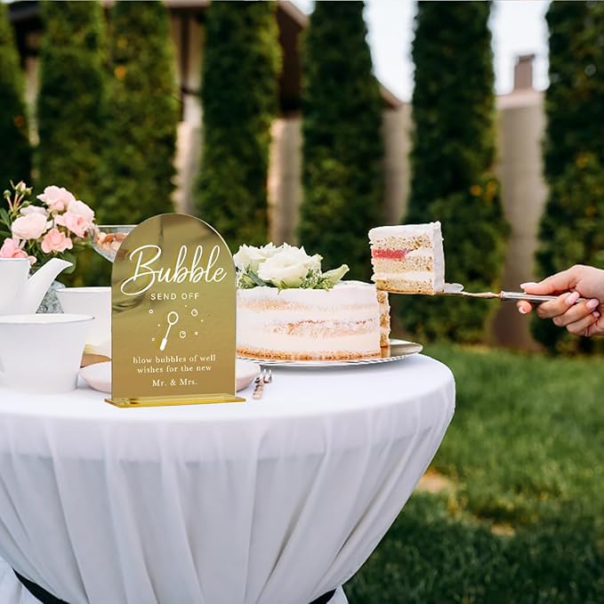Acrylic Wedding Sign, Bridal Shower Decorations, Bubble Send Off Sign for Ceremony, Modern Font Table Signs, Gold Mirror Arched Acrylic Tabletop Signs for Wedding Reception and Event Party