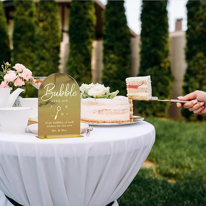 Acrylic Wedding Sign, Bridal Shower Decorations, Bubble Send Off Sign for Ceremony, Modern Font Table Signs, Gold Mirror Arched Acrylic Tabletop Signs for Wedding Reception and Event Party
