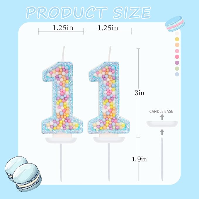 Blue Birthday Candles - Number 11 Candle, Colorful Macaron Candles, 11 Birthday Decorations for Girls Boys, Cake Decorations, Theme Party Supplies (Blue)