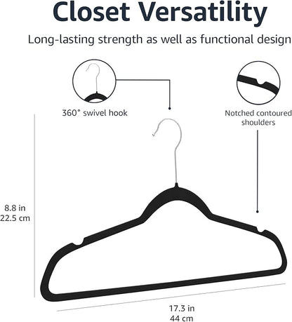 Amazon Basics Slim Velvet Non-Slip Space Saving Suit Clothes Hangers for Closet Organization, Black/Silver, 30-Pack