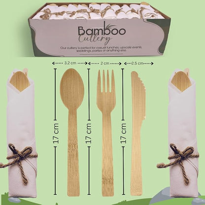 Premium Pre Rolled Bamboo Cutlery Set - 200 Pieces Natural Bamboo Cutlery - 50 Pack Compostable Utensils(50 Forks, 50 Knives, 50 Spoons, 50 Napkins), BIODEGRADABLE for Christmas, Gifting, Party