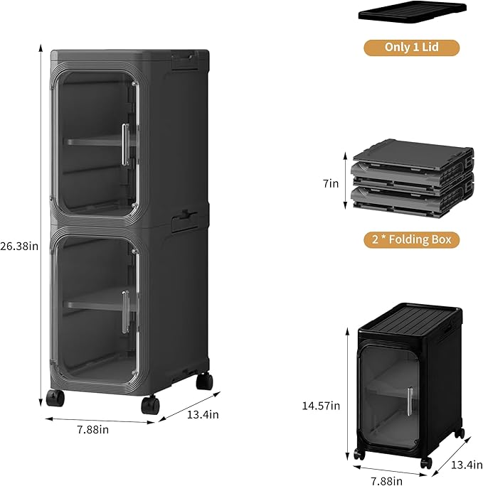 2-Tier Slim Narrow Storage Cabinet with Adjustable Shelves and Movable Wheels, Anti-Tip, Bathroom Storage and Organizers for Small Space, Bathroom, Kitchen, Laundry, Black