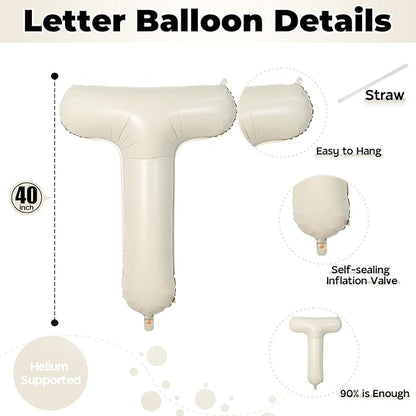 Cream Name Balloon Letters, Large Mylar Helium Alphabet T Custom Balloon Letter Beige Decor, 40 Inch Inflatable Sand White Letter T Foil Customize Balloons for Girls Birthday Party Decoration Supplies