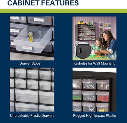 Akro-Mils 44-Drawer Plastic Drawer Storage Cabinet for Garage Organization, Bead Organizer, Building Bricks Storage, Teacher Toolbox, Makeup Organizer, 20-Inch W x 6-Inch D x 16-Inch H, 10144 White