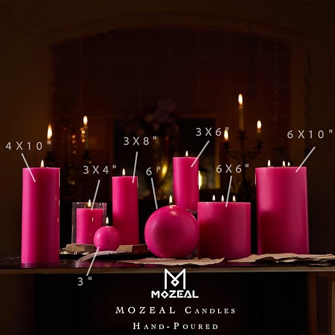 MOZEAL 3" x 4" Hand-Poured Unscented Hot Pink Candle, Dripless Fuchsia Pillar Candle Set of 3, Long Clean Burning, Approx 72 Hours Burn Time, Rustic Country Style, Home Decor