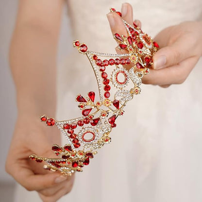 Wekicici Baroque Queen Crown Red Crystal Tiara Rhinestone Princess Wedding Headband for Women Birthday Pageant Party(Red)