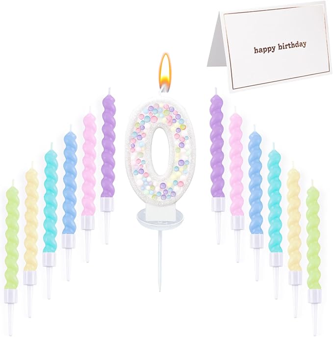 Number Birthday Candle with 12PCS Spiral Candles and A Birthday Card - Perfect for Celebrating Birthdays (Macaron Glitter, Number 0)