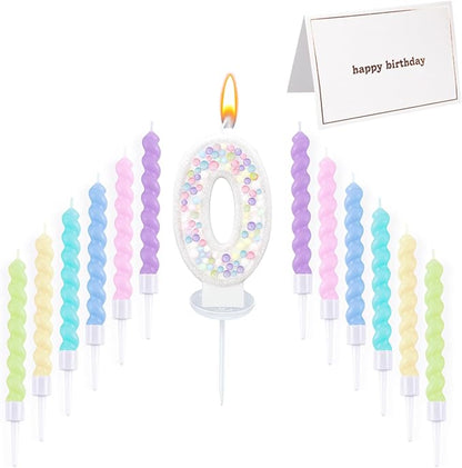 Number Birthday Candle with 12PCS Spiral Candles and A Birthday Card - Perfect for Celebrating Birthdays (Macaron Glitter, Number 0)