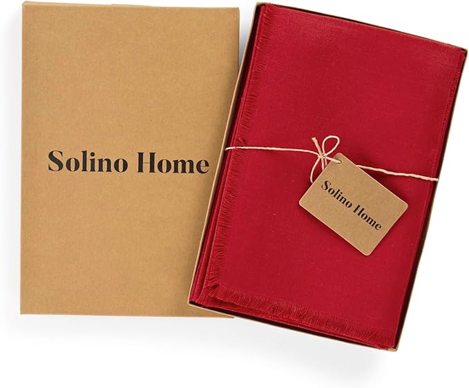 Solino Home Cherry Red Linen Napkins Set of 4-100% Pure Linen Fringe Dinner Napkins 20 x 20 Inch for Christmas, New Year