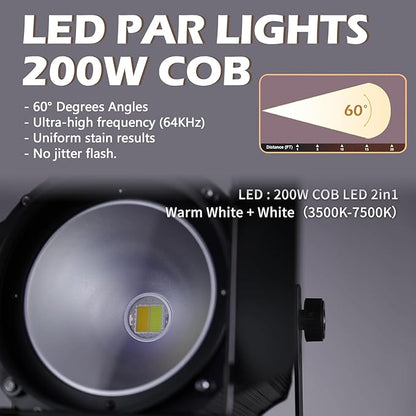 200W LED Stage Light, COB Par Lights with Barn Doors, DMX Blinder Stage Lighting Sound Activated for Wedding Live Show Christmas Party (Warm White & Cool White 1PC)
