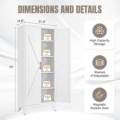 Yizosh Metal Storage Cabinet with Doors and 4 Adjustable Shelves - 75" White Kitchen Pantry Storage,4-Tier Tall Steel Cabinet Locker for Kitchen,Living Room,Dining Room