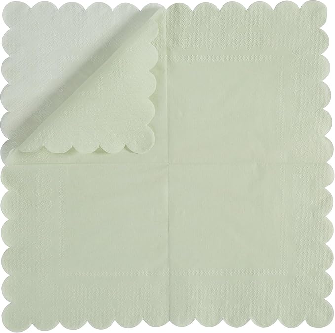 200 Pack Cocktail Napkin 2-Ply Scalloped Edged Dessert Napkins Folded 5 x 5 Inches Disposable Napkins for Dinner Wedding Birthday Party Bridal Anniversary Reception Event (Sage Green)