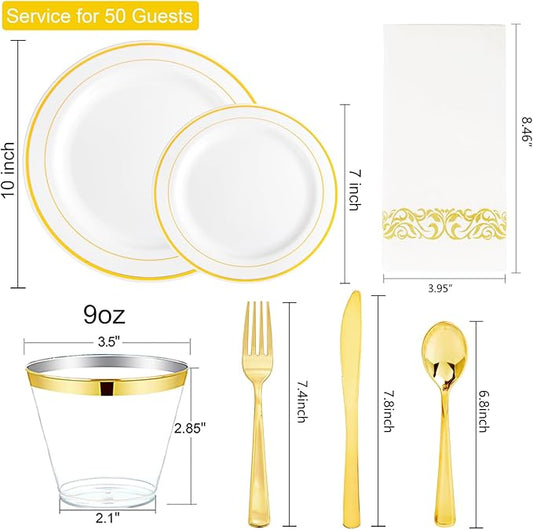 I00000 350Pcs Gold Dinnerware Set for 50 Guests, Gold Plastic Plates for Party, Include: 100 Disposable Plastic Plates, 50 Paper Napkins, 50 Cups, 50 Silverware Set Perfect for Party & Wedding