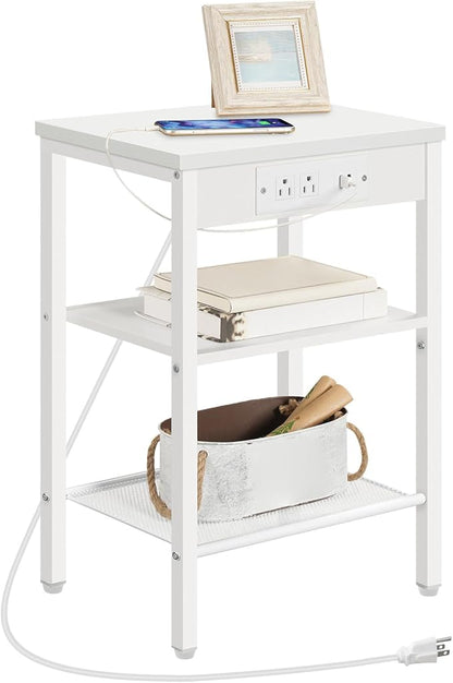 HOOBRO Side Table with Charging Station and USB Port, Small End Table for Small Space, 3-Tier Nightstand with Adjustable Shelf, for Living Room, Bedroom and Balcony, White WW112BZ01