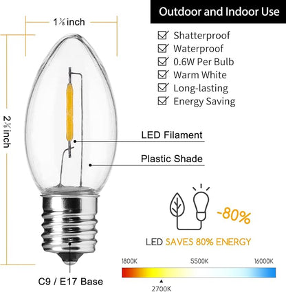 Brightown 25 Pack C9 LED Christmas Light Bulbs, Warm White Plastic C9 Shatterproof LED Bulbs Replacement for Christmas String Lights, E17 Intermediate Base,Commercial Dimmable Holiday Lights