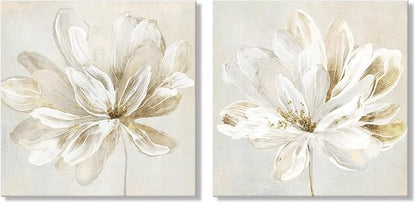 SEVEN WALL ARTS 2 Pcs Beige and Gold Flower Wall Art Blooming Flower Abstract Floral Artwork Canvas Print Poster for Living Room Bedroom Office Wall Decor 24"x24"