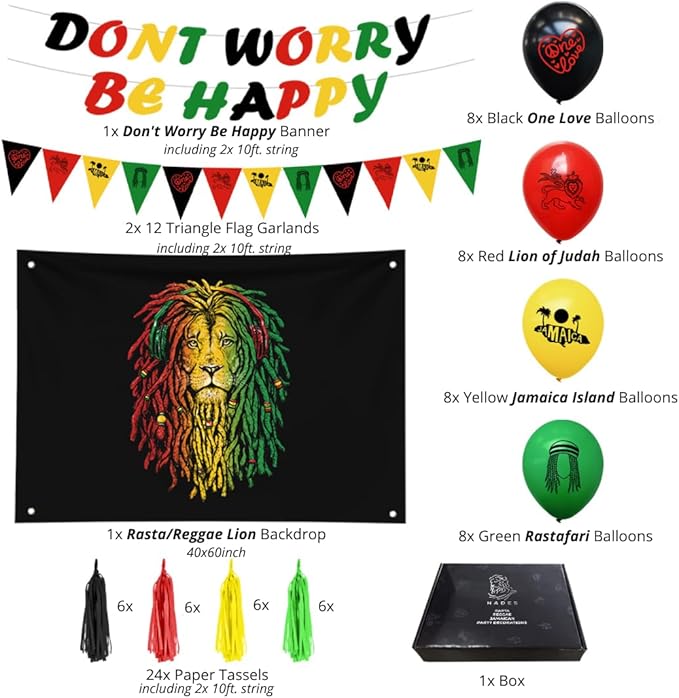 Hades Rasta Party Decorations – Reggae Themed Decor – Jamaica Balloons Garlands Backdrop Banner – Jamaican Birthday Theme Party Supplies for Adults Kids