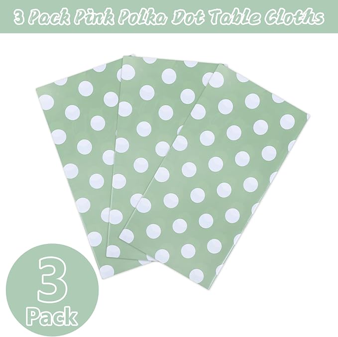 Kesfey 3 Pack Sage Green Polka Do Table Cloths 54 x 108 Inch Sage Green and White Dots Tablecloth Disposable Plastic Sage Green Tablecover Waterproof Rectangle Picnic Table Covers for Birthday Party