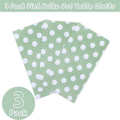 Kesfey 3 Pack Sage Green Polka Do Table Cloths 54 x 108 Inch Sage Green and White Dots Tablecloth Disposable Plastic Sage Green Tablecover Waterproof Rectangle Picnic Table Covers for Birthday Party