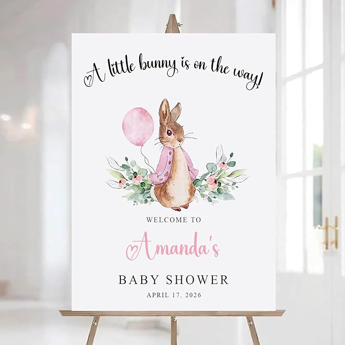 Personalized Bunny Rabbit Baby Shower Welcome Sign for Girl, Pink Peter Rabbit Theme, Greenery Bunny baby shower sign, Gift for Boys & Girls, Gender Reveal Decor, Birthday Party Favors (Style 17)