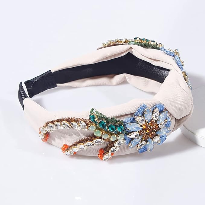Yusier Baroque Rhinestone Crystal Headbands for Women - Embroidered Hair Band - Exquisite Hairband - Available in 5 Colors (Beige)