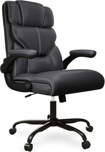 Executive Office Chair with Flip-up Armrests,Ergonomic Computer Desk Chairs,Mid-Tall Back Leather Office Chair 400 Lbs,Lumbar Support Swivel PC Chair with Rocking Function
