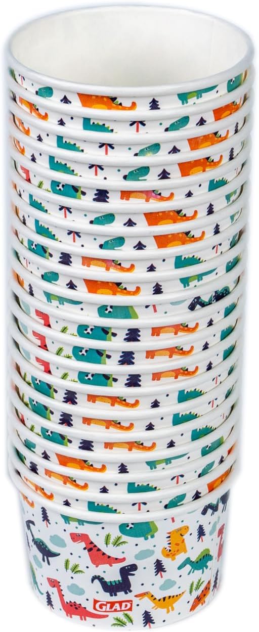 Glad for Kids Dinosaur Paper MINI Snack Bowls, Lids Not Included - Disposable Paper Cups with Dino Design for Kids, Heavy Duty Small Size, 6 Ounces, 20 Count - 10 Pack