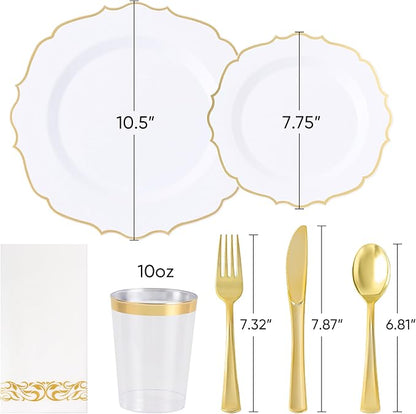 350 PCS Gold Disposable Plates, Scalloped Dinnerware Set for 50 Guests, 100 Plastic Plates, 150 Silverware, 50 Cups & 50 Paper Napkins, Gold