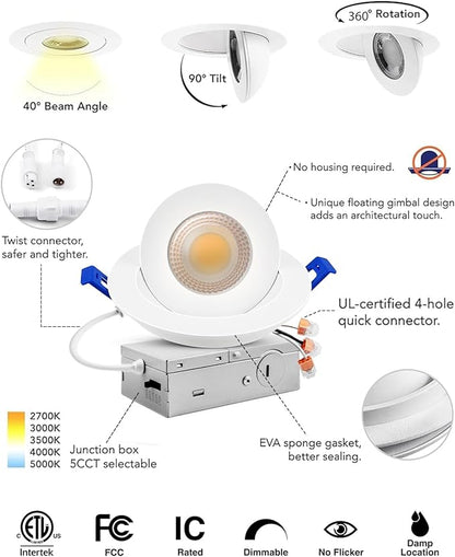 Adetu 4 inch 5CCT Gimbal Led Recessed Lights, 360°+90° Adjustable Directional Recessed Lighting, 2700K/3000K/3500K/4000K/5000K Dimmable Retrofit Eyeball Can Lights with Jbox, ETL(White, 6 Pack)