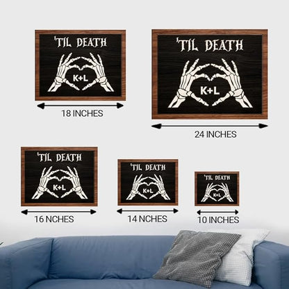 Custom Couple Skeleton Wooden Sign, Ghost Couple Gift, Halloween Skeletons Wedding Frame Sign, Til Death Sign, Gothic Home Decor, Wood Sign Gifts for Birthday Valentine Engaged Bridal Party a9