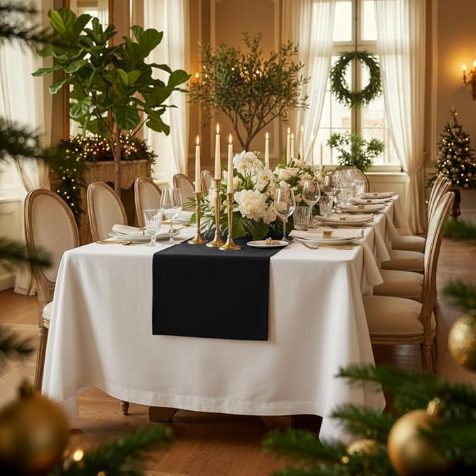 D'Moksha Homes Linen Black Table Runner 90 Inches Long - 100% Pure Linen 14 x 90 Inch Table Runner for Dining, Winter, Christmas, Holiday - Machine Washable