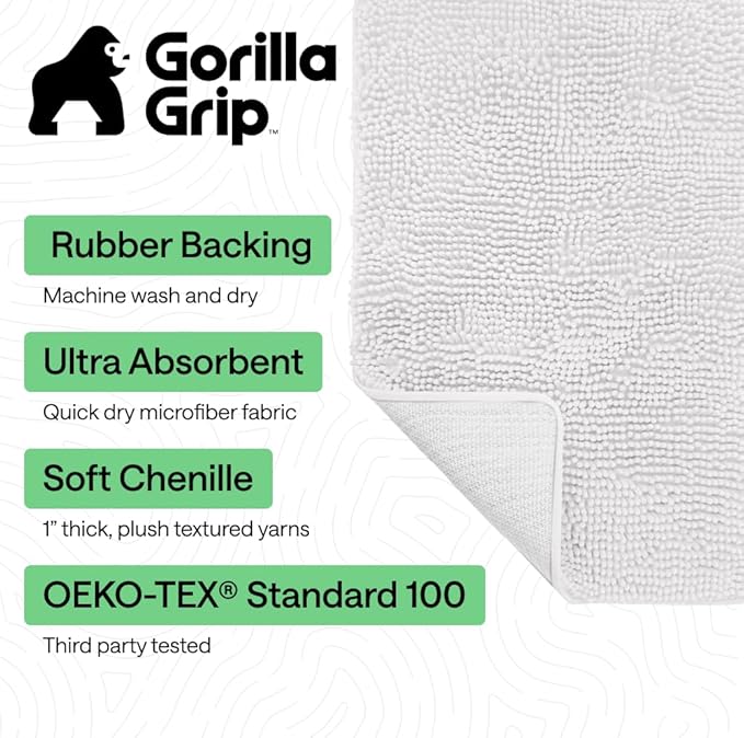 GORILLA GRIP Bath Rug Mat 70x24, Thick Soft Absorbent Chenille, Quick Dry Microfiber Mats, Rubber Backing Washable Shower Floor Rugs, Bathmat Runner, US Designed Bathroom Home Decor Accessories White