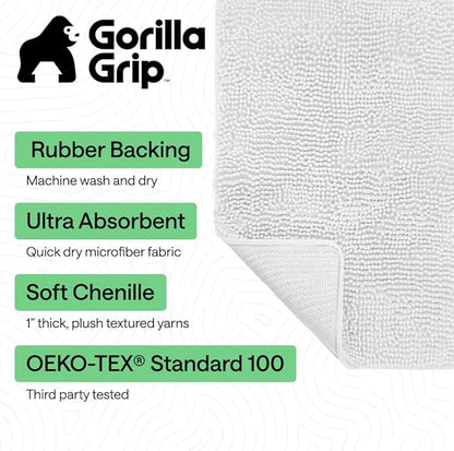 GORILLA GRIP Bath Rug Mat 60x17, Thick Soft Absorbent Chenille, Quick Dry Microfiber Mats, Rubber Backing Washable Shower Floor Rugs, Bathmat Runner, US Designed Bathroom Home Decor Accessories White