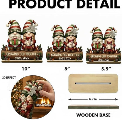 Personalized Gnome Couple Figurine, Growing Old Together Since 2025, Custom Christmas Decoration, Unique Holiday for Couple, Engraved Family Ornament for Parents and Grandparents