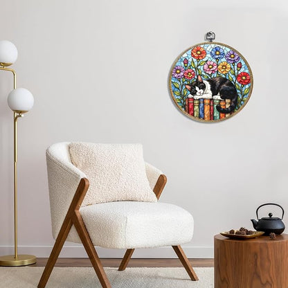 Cute Cat Decor Cat Stuff Accessories Book Lovers Gifts Reading Gifts Framed Round Wall Decor Canvas Wall Art Hanging Prints Artwork for Home Door Bedroom Porch Library Decorations 10.2X10.2 Inch