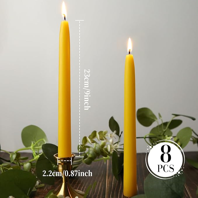 9-inch Beeswax Taper Candles, Natural Beeswax Long Candle Sticks, 10 Hours Burn Time, Smokeless & Dripless Taper Candle for Table Decor, Unscented Bee Wax Tapered Candles (8 Packs)