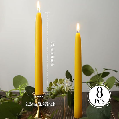 9-inch Beeswax Taper Candles, Natural Beeswax Long Candle Sticks, 10 Hours Burn Time, Smokeless & Dripless Taper Candle for Table Decor, Unscented Bee Wax Tapered Candles (8 Packs)