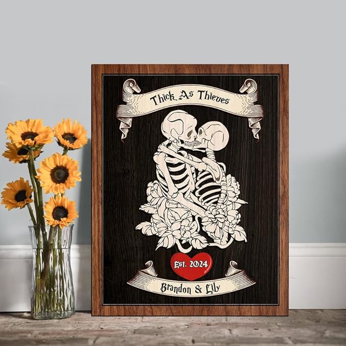 Personalized Couple Skeleton Wooden Sign, Ghost Couple Gift, Halloween Skeletons Wedding Frame Sign, Gothic Decor Sign, Wood Sign Valentine Birthday Gifts for Him Her Boyfriend Bridal Party a11